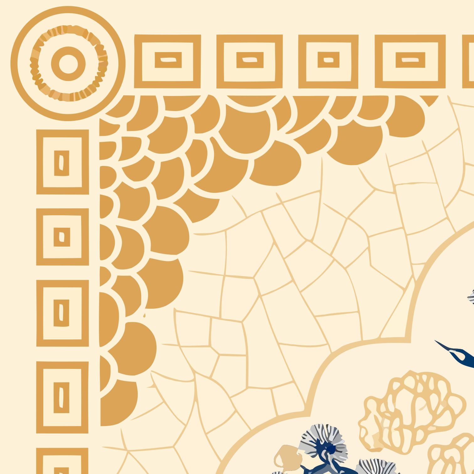 Corner crop of the Crane and Pine border: gold cloud-and-thunder fret