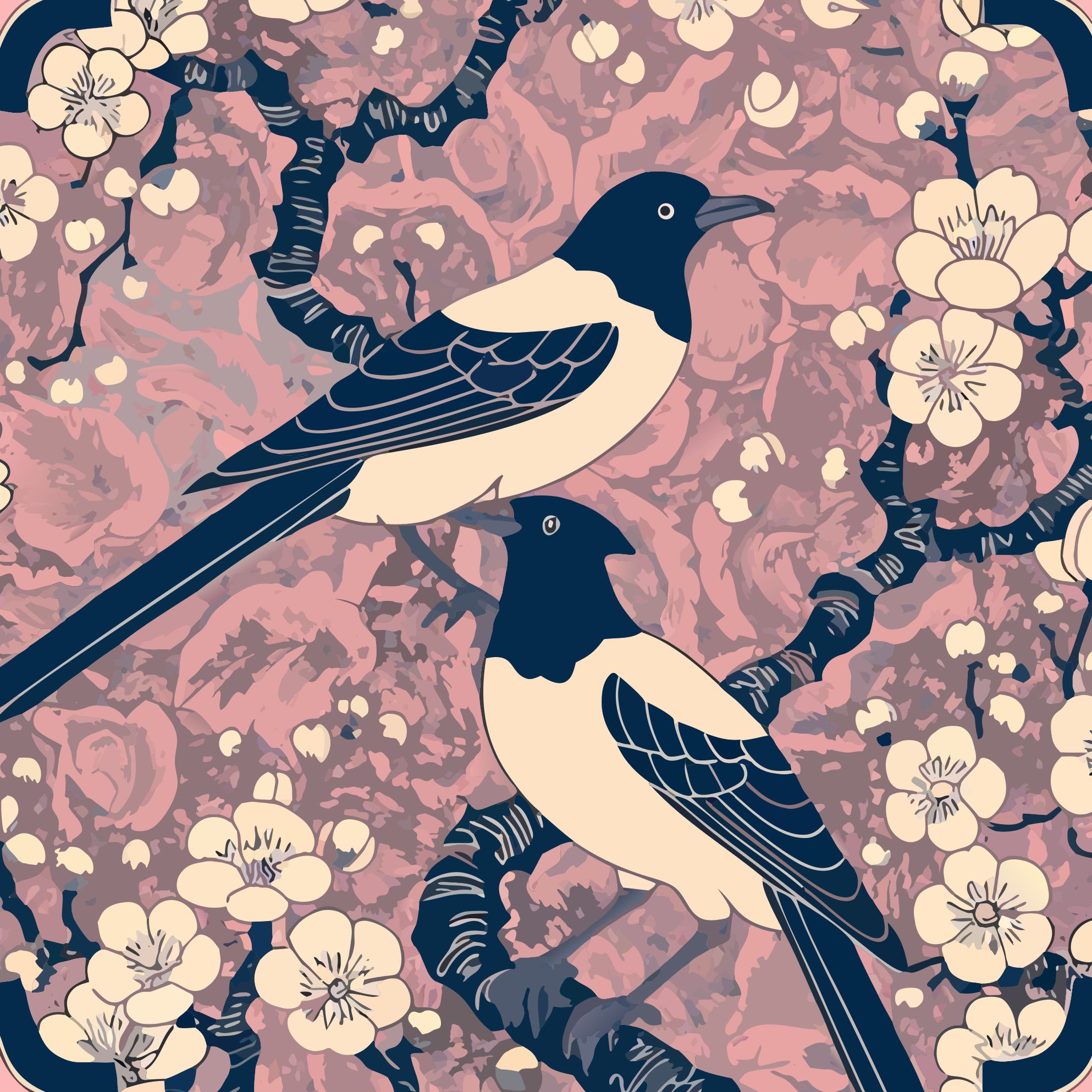 Deep crop of the Magpie and Plum artwork: two magpies among plum blossoms
